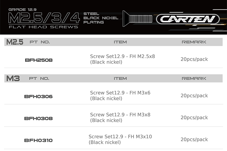 M2.5/3/4 FLAT HEAD SCREWS STEEL BLACK NICKEL PLATING